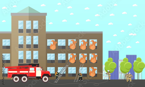 Fire fighting department vector banner. Station and firefighters. Truck, building