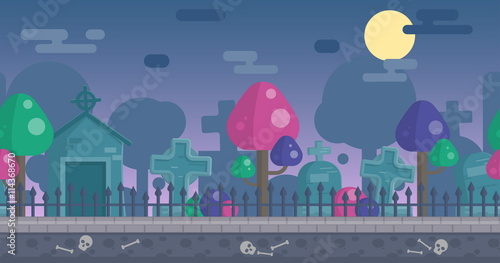 Seamless parallax effect ready spooky night graveyard background for mobile apps and design. Scary gravestones, crypt, fancy trees, sculls over the night sky.