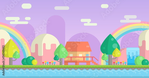 Seamless parallax effect ready fantasy mountain background for mobile apps and design. Sunny bright landscape with mountains, little house, waterfalls and river.