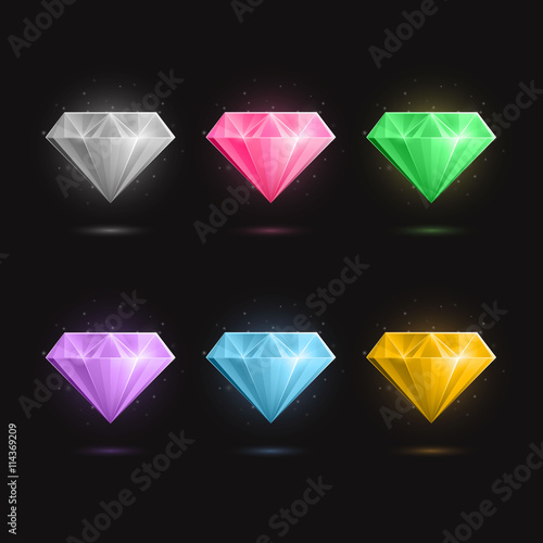 Vector Illustration of Gemstones and Diamonds in Different Colors on a Black Background