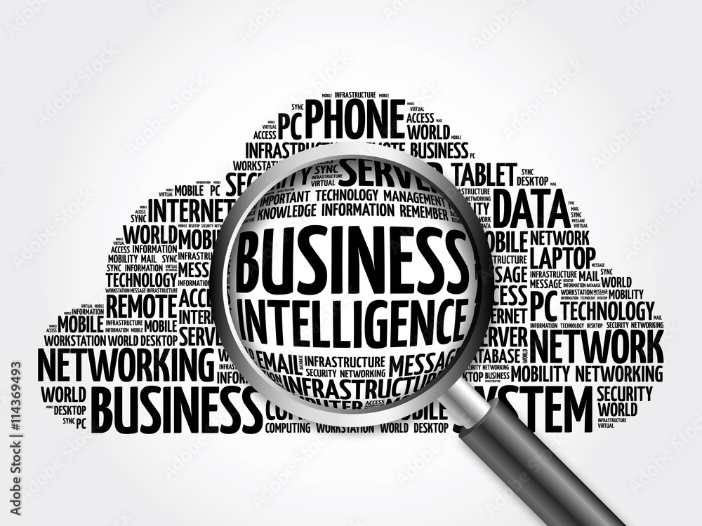 Business intelligence word cloud with magnifying glass, business concept 3D illustration Business intelligence word cloud with magnifying glass, business concept 3D illustration