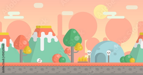 Seamless parallax effect ready prehistoric stone age background for mobile apps and design. Ancient tribal landscape with volcanos, fantasy plants, cave, fireplace and sculls.
