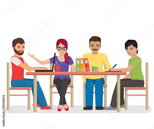 Flat illustration of a group of hipster looking individuals around the table having a conference meeting, co-working, colleagues discussing project, brainstorming.