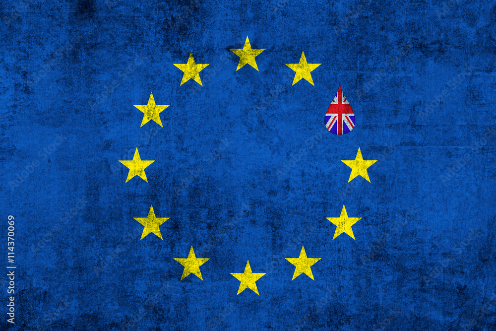 brexit blue european union EU flag on grunge texture with drop and great britain flag inside brexit blue european union EU flag on grunge texture with drop and great britain flag inside