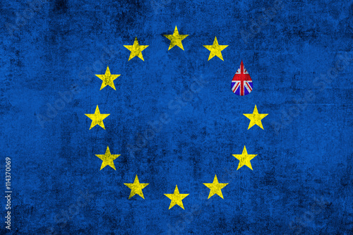 brexit blue european union EU flag on grunge texture with drop and great britain flag inside