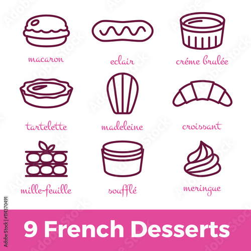 icon set of most famous french desserts