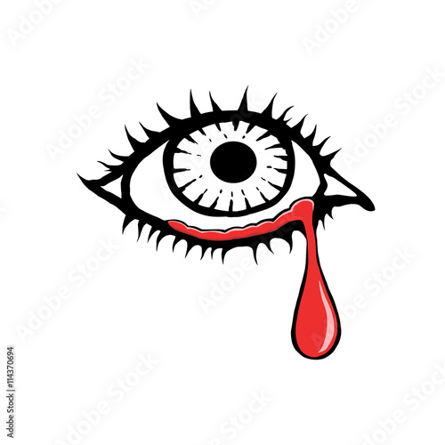 Crying eye on a white background. 
Hand-drawn retro style.