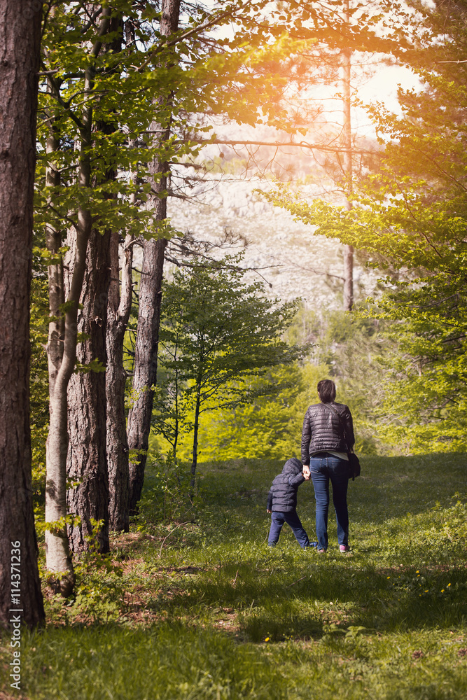 Mother walks in the forest with a child Mother walks in the forest with a child