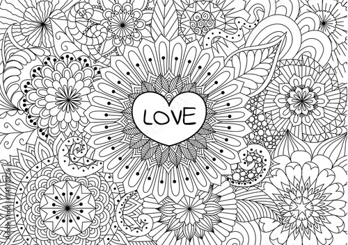 Heart on flowers for coloring books for adult or valentines card

