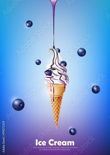 Ice cream in the cone, Pour blueberry syrup and a lot of blueberry background, transparent Vector