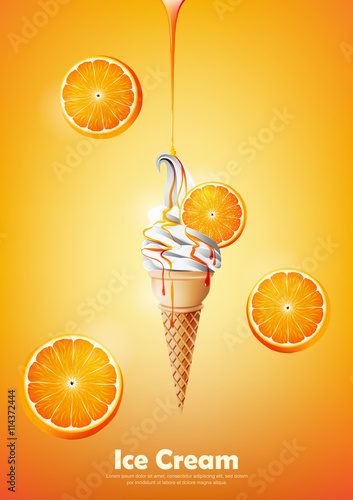 Ice cream in the cone, Pour orange syrup and a lot of orange background, transparent Vector