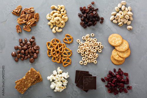 Variety of healthy snacks overhead shot photo