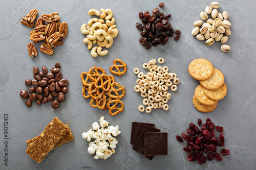 Fotografie Variety of healthy snacks overhead shot