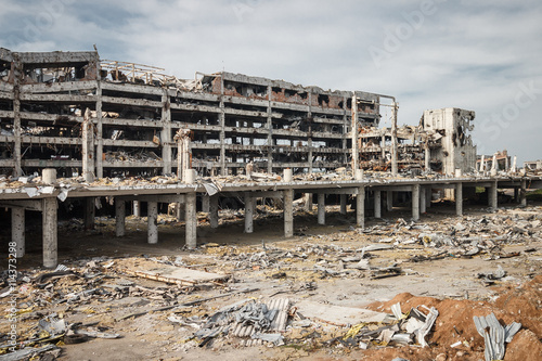 Wide Angle view of donetsk airport ruins after massive artillery shelling photo