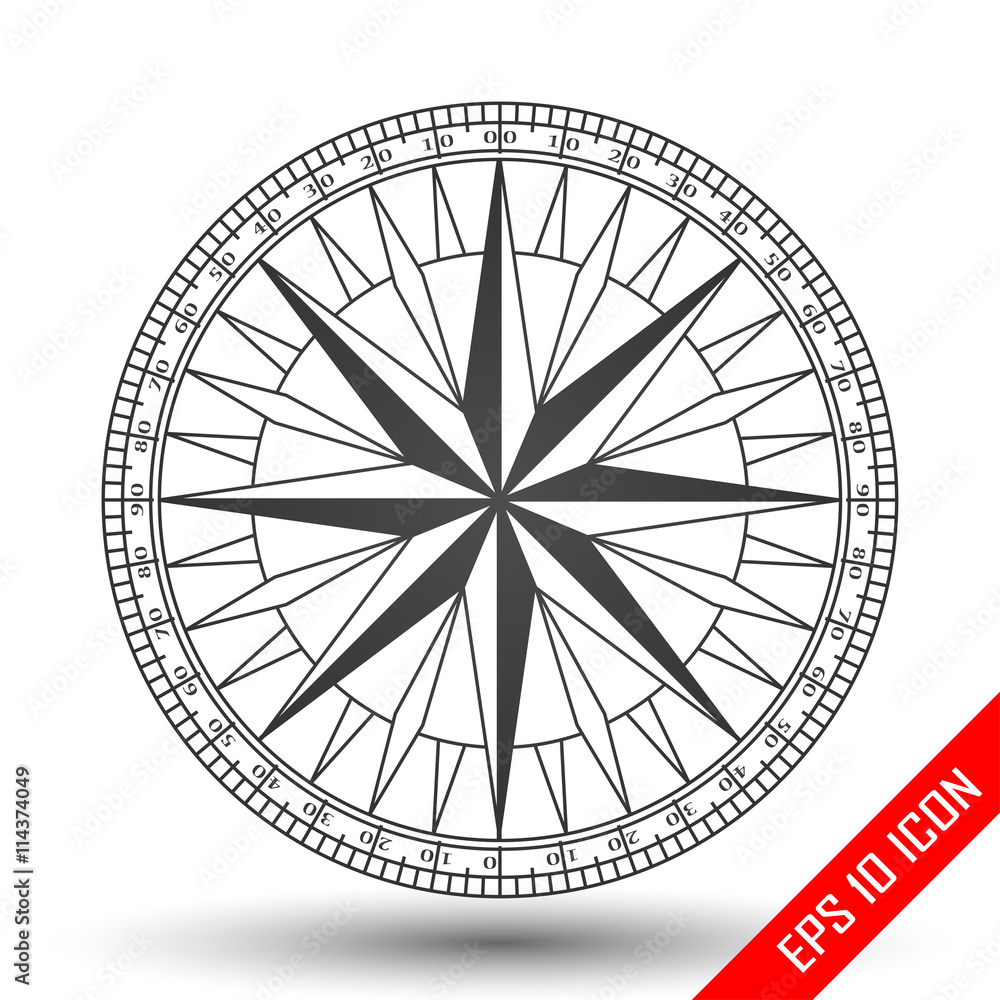 Compass icon. Simple flat logo of compass on white background. Black wind rose. Vector illustration.