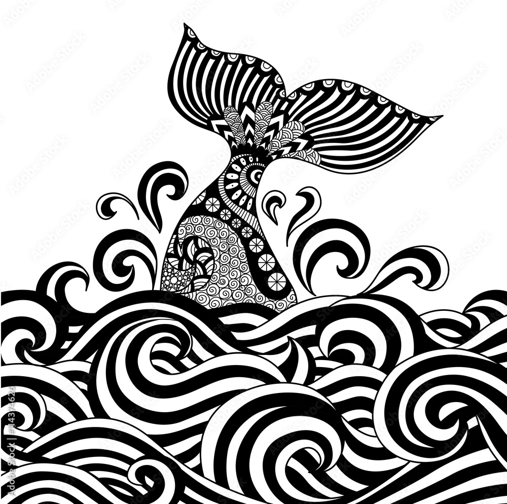 Naklejka premium Whale tail in the wavy ocean line art design for coloring book fro adult,sign, logo, T-shirt design, card and design elelment