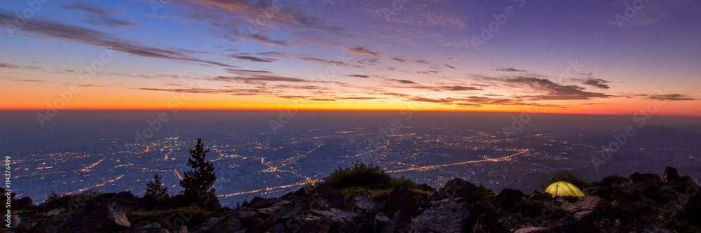 view at sunrise over the city in Europe