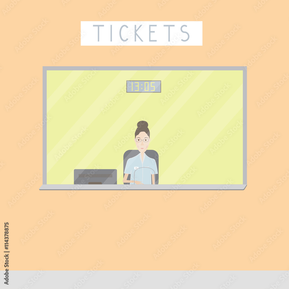 girl selling tickets at the box office on a light background girl selling tickets at the box office on a light background