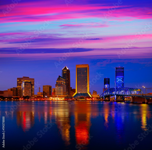 Jacksonville skyline sunset river in Florida