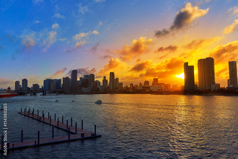 Miami downtown skyline sunset Florida US