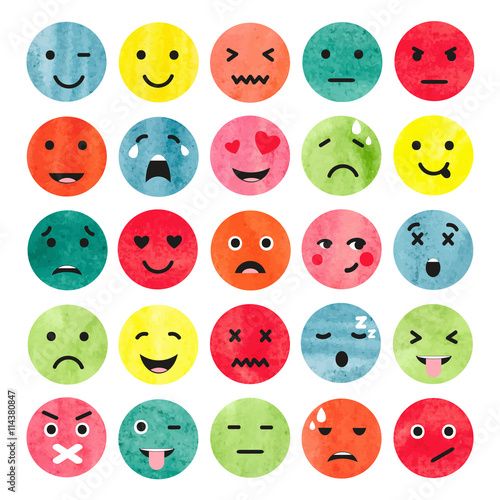Set of colorful watercolor emoticons. Collection of face emotions. Vector illustration of smiley. 