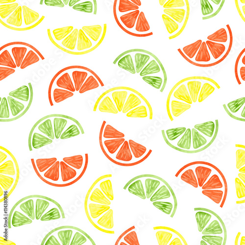 Watercolor citrus seamless pattern. Vector background with colorful citrus slices isolated on white. Lime. orange and lemon wallpaper. 