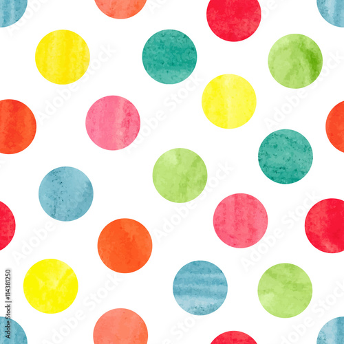 Watercolor colorful polka dot seamless pattern. Vector illustration of colorful  dots isolated on white. Circles background. 