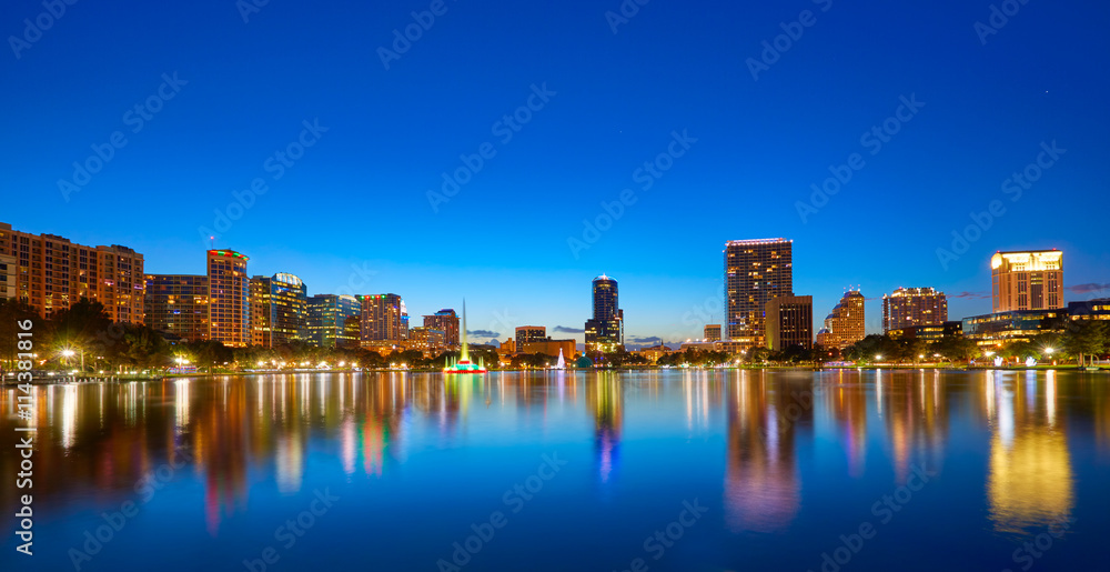 Orlando skyline sunset at lake Eola Florida US Orlando skyline sunset at lake Eola Florida US