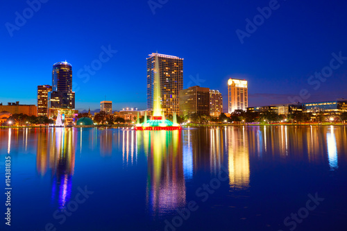 Orlando skyline sunset at lake Eola Florida US