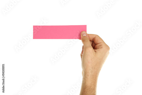 Hand holding a business card on a white background