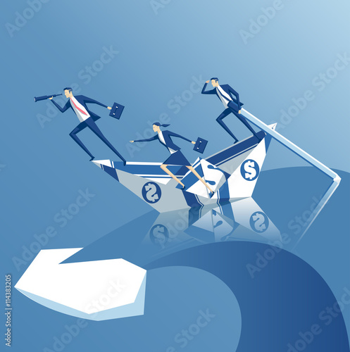 Business concept of risk , investment and team, business people floating on the paper boat on the restless sea, business team of people in a paper boat on a wave crest