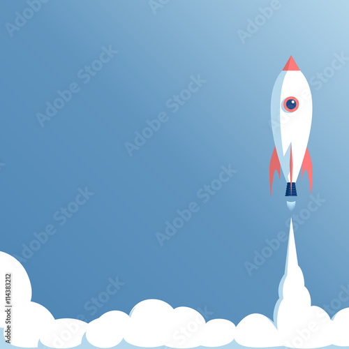 cartoon spaceship launch on blue background, startup concept, vector illustration
