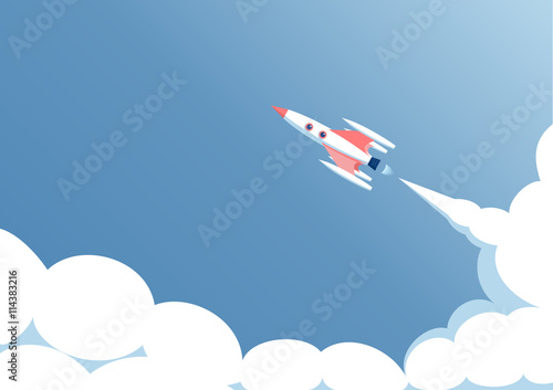 spaceship flight against the blue sky, launch spaceship on a blue background, startup concept