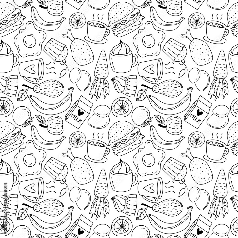 Hand drawn breakfast food and icons doodle set. School lunch menu.