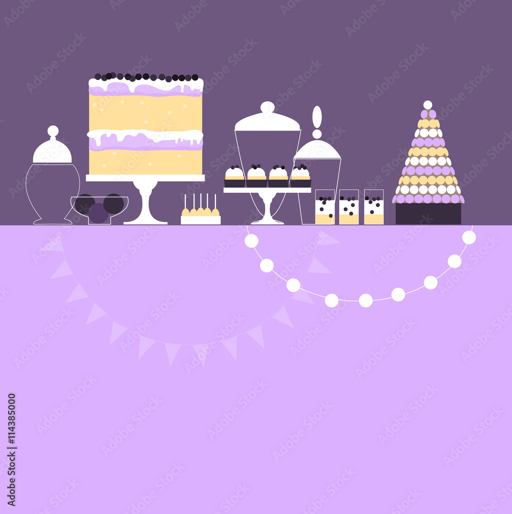 Obraz premium Candy Buffet with handmade cake. Wedding dessert bar. Birthday sweet table. Vector illustration.