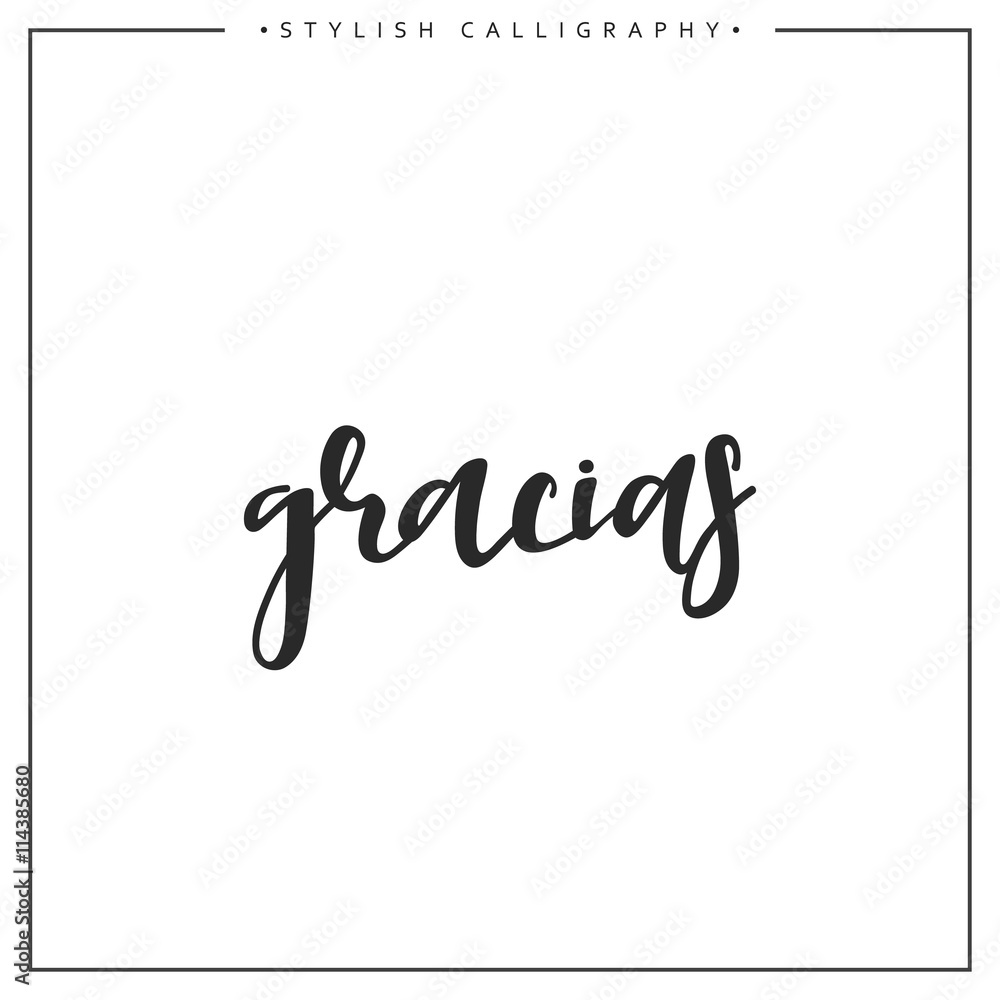 Thank you. Phrase in Spanish handmade. Gracias. Stylish, modern calligraphy. Elite calligraphy. Quote with swirls. Search for the design of brochures, posters, banners, web design. World Day of Thanks