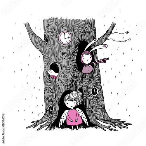 The tree, angel, hollow, watch, bunny and bird