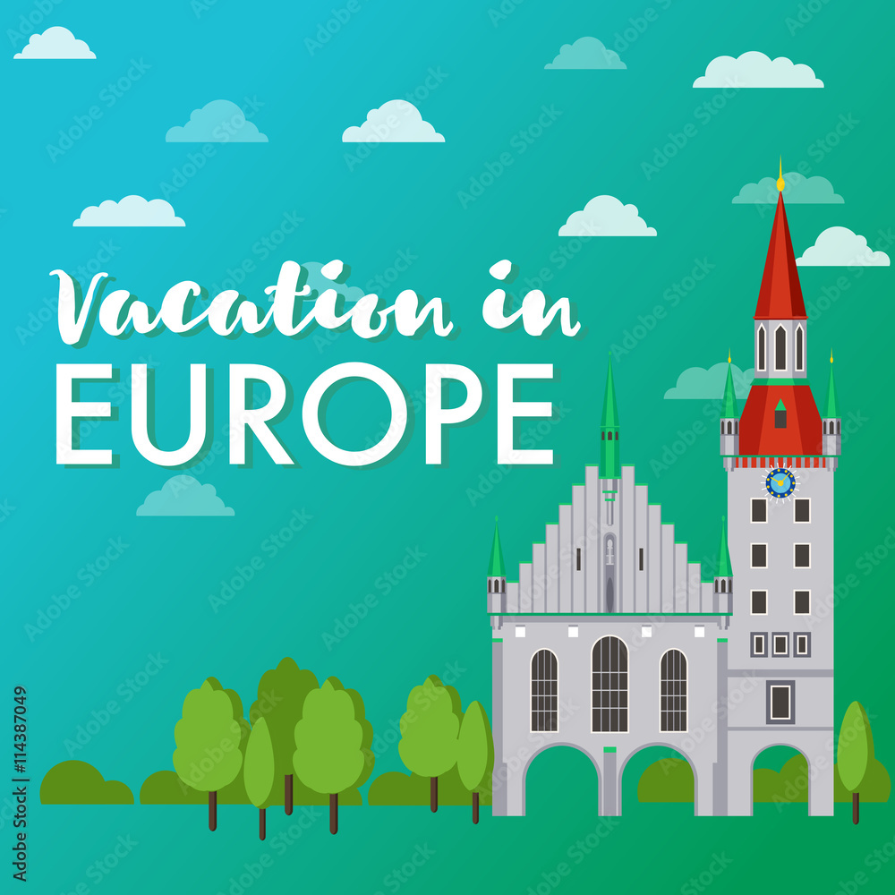 Vacation in Europe vector banner. Flat design illustration - vacation in Europe with landmark, trees, church. Travel around Europe