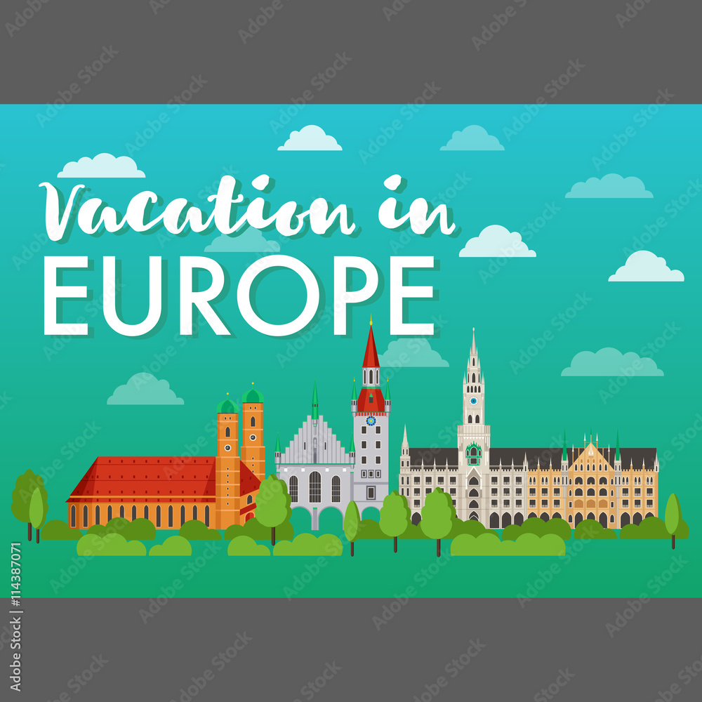 Vacation in Europe vector banner. Flat design illustration - vacation in Europe with landmark, trees, church. Travel around Europe
