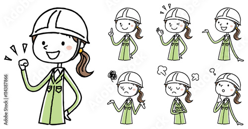 ヘルメットをかぶった作業服の女性　ポーズ　バリエーション
