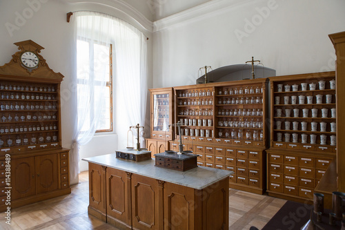Empty bottles in old vintage pharmacy