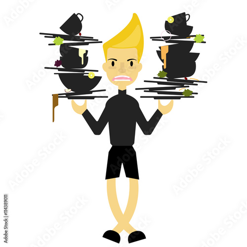 A boy hold many dirty dish for clean up behind kitchen restaurant  vector/illustration