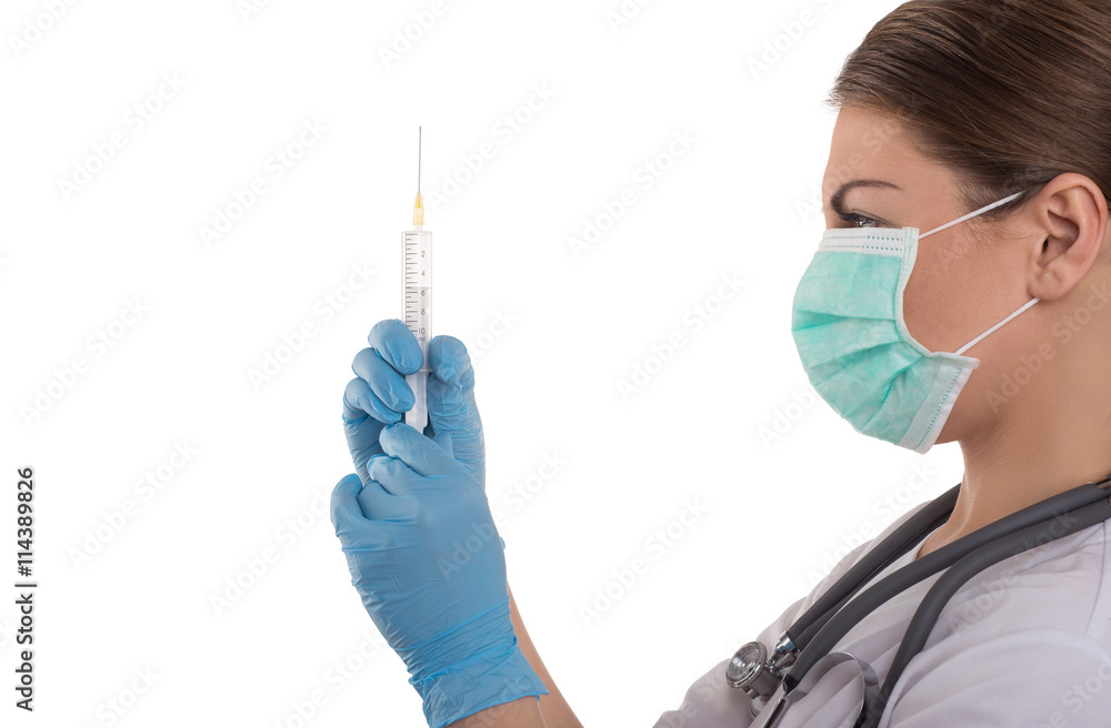 Doctor with medical injection syringe and stethoscope, isolated Doctor with medical injection syringe and stethoscope, isolated