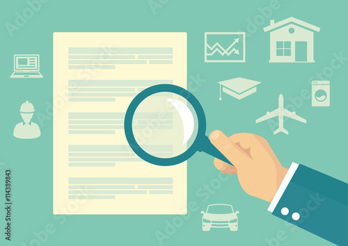 Vector design of a man reading small print of insurance and loan financial contract