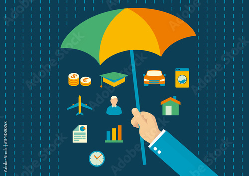 Vector flat design of insurance, man holding umbrella protecting assets