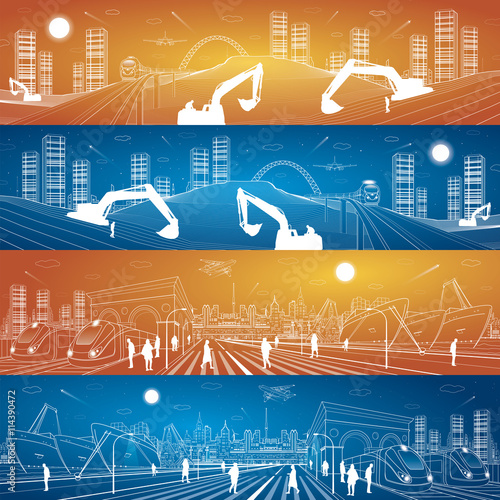 Building scene, train move on the bridge, night city, cargo port panorama, people walking on square, industrial and transport panorama, airplane fly, ship on the water, vector design art