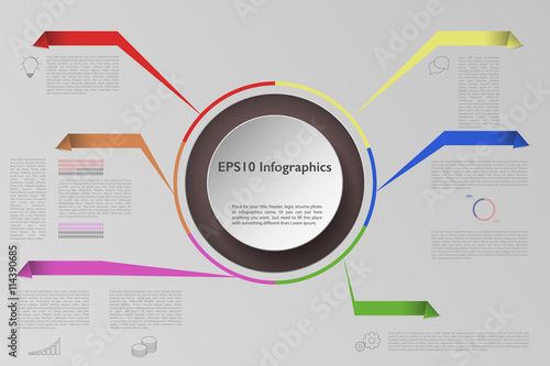 Business infographics with inner circle and colored banners. Outline icons, various banners and 3D circle that can be used for infographic, resume or CV. 