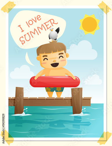 Enjoy tropical summer holiday with little boy , vector, illustration