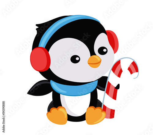 Cute Christmas penguin holds candy.