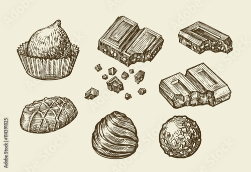 Chocolates. Hand drawn sketch sweets, caramel, candy, bonbon, sweetmeat. Vector illustration